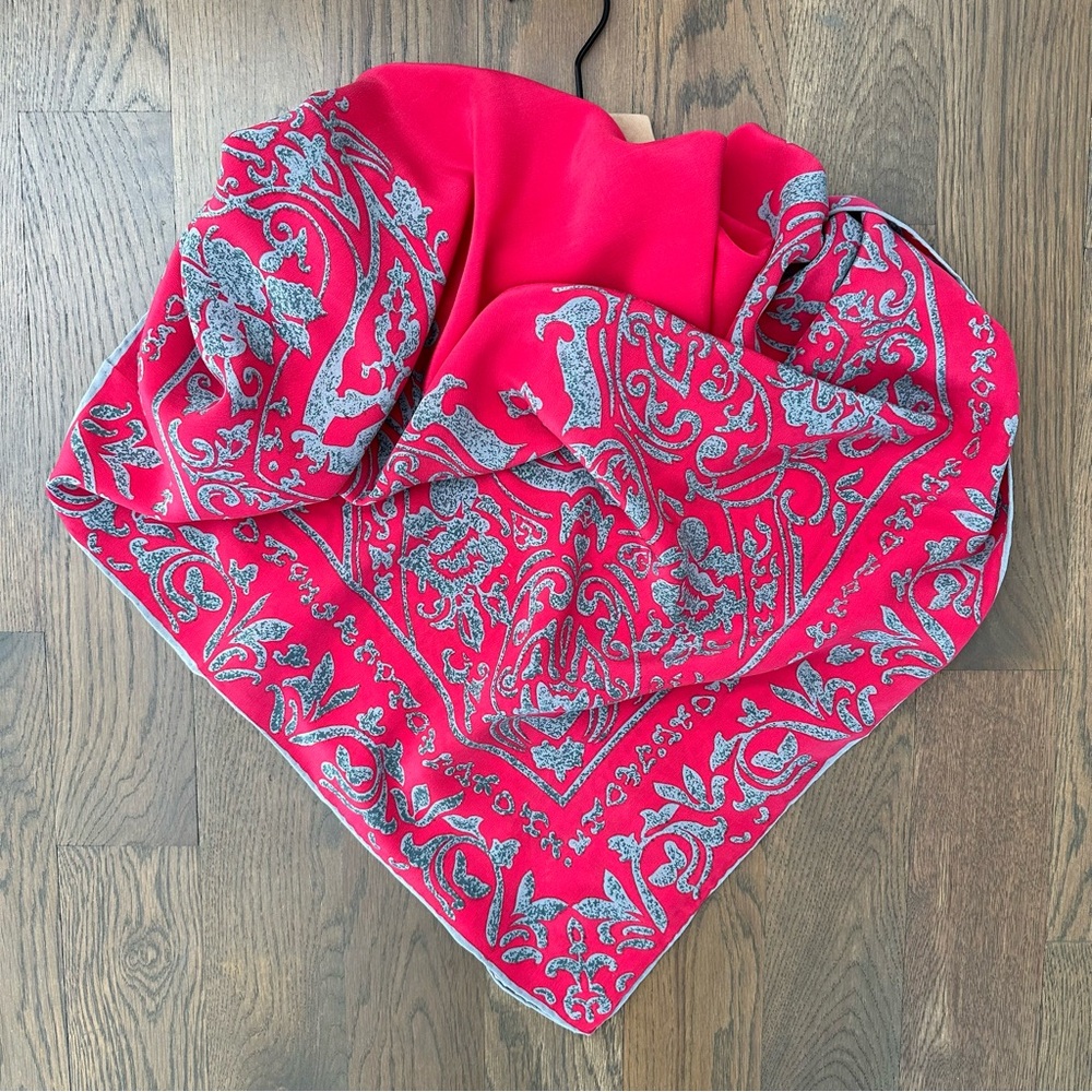 Anthropologie Vintage 100% Silk Paisley Printed Square Scarf Pink and Grey 40"l
